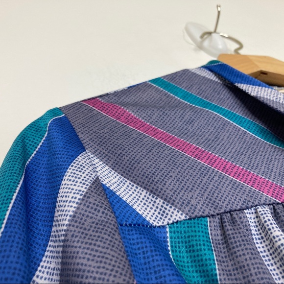 Vintage secretary dress pussybow grey teal pink midi 70s retro office striped - Picture 8 of 12